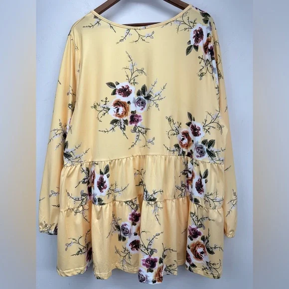 Linjou plus size 4X Women’s Yellow Floral Boho V-neck Long Sleeve Blouse - Picture 7 of 7